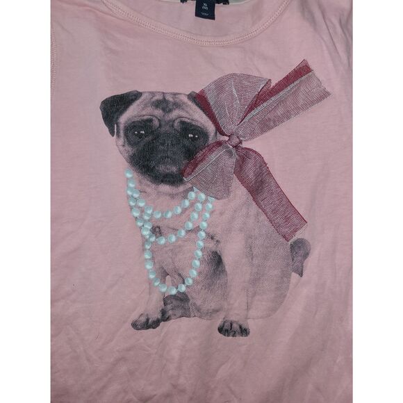Gap Kids XL 12 Juniors Kids Girls Pink Longsleeve Pug Dog Pearl Necklace Lace - Picture 4 of 6
